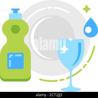 Cleaning stuff with plate and glass flat color icon. Isolated flat template. Stock Vector