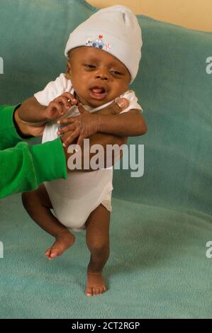 six week old newborn baby boy one month premature   held so that feet touch surface reflex: stepping vertical Stock Photo