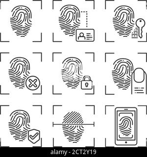 Fingerprint scan provides security access black line icons set. ID and verifying person. Concept of: authorization, dna system, scientific technology Stock Vector