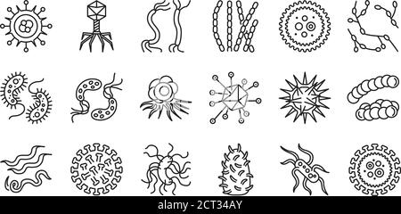 Viruses black line icons set. Respiratory infections. Bacteria, microorganisms signs. Microscopic germ cause diseases concept. Pictograms for web Stock Vector