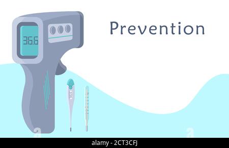 Prevention text on white backdrop with copy space. Body temp meters for social banner, medical poster, social network warning. Chemist shop logo or in Stock Vector
