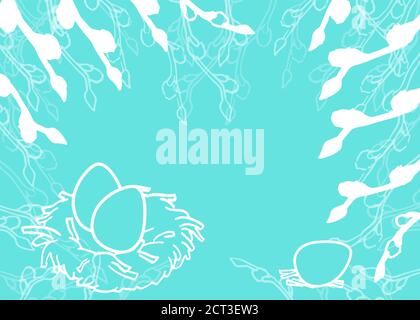 Willow sprigs on blue backdrop with copy space. Easter eggs for invitation or gift card, scrapbook, wedding card, bath tile. Phone case or cloth print Stock Vector