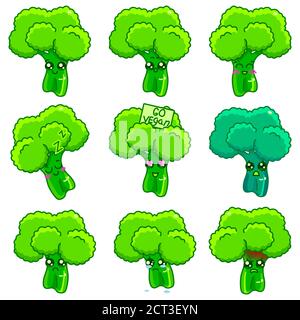 Broccoli twig sticker set on white isolated backdrop. Healthy food emoji for social media network, scrapbook or notebook sticker. Phone case or cloth Stock Vector