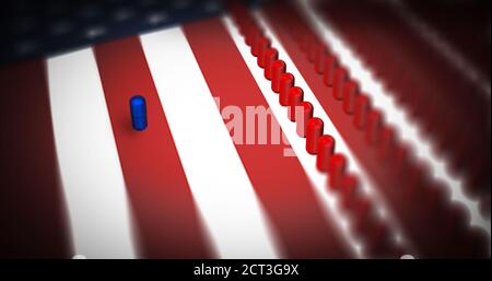 3D illustration of single blue pill on the left in front of many red pills on the right placed on top of United states flag Stock Photo