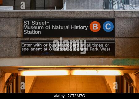 New York City - Jul 2, 2020: 81st Street Station entrance to the Museum of National History subway station in New York City. Stock Photo