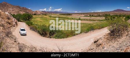 Woman driving a car on vacation on road trip through Cachi Valley Gorge (Quebrada) while on road trip holiday in the Andes Mountains, Calchaqui Valleys in Salta Province, North Argentina, South America Stock Photo