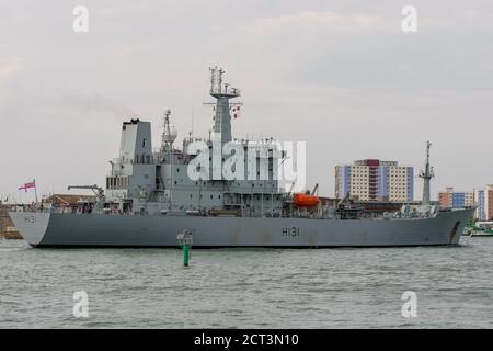 The Royal Navy survey ship HMS Scott (H131) making a rare visit to Portsmouth, UK on the 19th September 2020 for a crew changeover. Stock Photo
