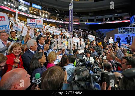 Philadelphia, Pennsylvania, USA, July 26, 2016 Senator Barbara Boxer (D-CA) and Congresswoman Nancy Pelosi (D-CA) stand in the crowd of California delegates as they cast the states vote for nominating Hillary Clinton for Presidential Candidate at the Democratic Party national convention in the Wells Fargo Arena Stock Photo