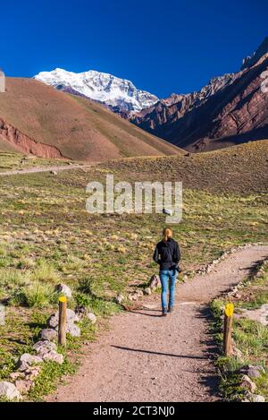 Walking in Aconcagua Provincial Park in front of the 6,961m peak, which makes Aconcagua the highest mountain in the Andes Mountain Range, Mendoza Province, Argentina, South America Stock Photo