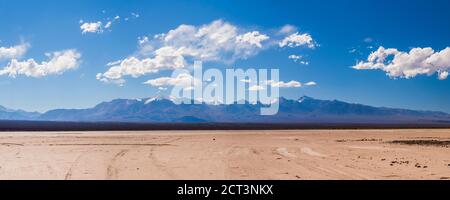 Dry river bed during a drought at El Barreal Blanco de la Pampa del Leoncito, San Juan Province, Argentina, South America, background with copy space Stock Photo