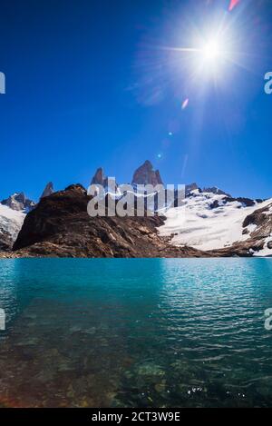 Mount Fitz Roy (aka Cerro Chalten) rising from Lago de los Tres, El Chalten, Patagonia, Argentina, South America, background with copy space Stock Photo