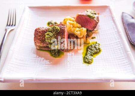 Delicious Argentinian Steak dinner at a fine dining restaurant, Patagonia, Argentina, South America Stock Photo