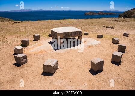 Ritual table at Chincana Ruins, Inca ruins on Isla del Sol (Island of the Sun), Lake Titicaca, Bolivia, South America Stock Photo