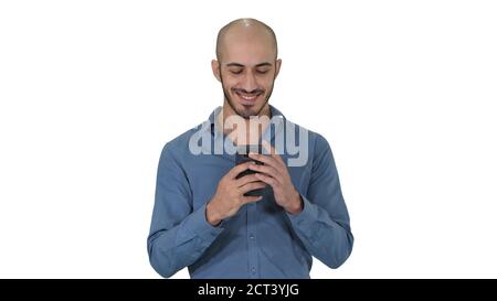 Casual Man Using Cell Smart Phone Writing Message on white background. Stock Photo