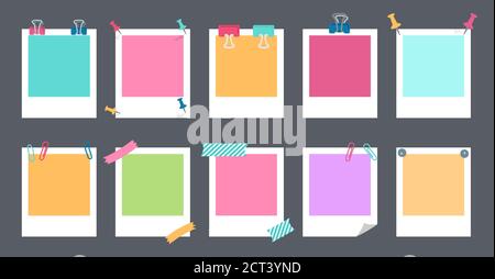 Polaroid photo frame set. Notebook collection with paper clip, push pins. Paper notes memo messages with elements planning. Various tag business office, writing reminds. Isolated vector Stock Vector