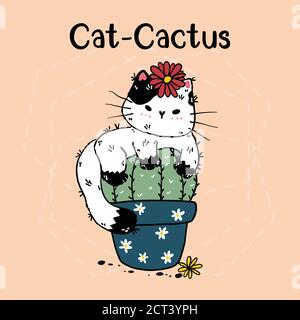 Cute kawaii cat cactus in pot with flower hand drawing doodle with lettering cat cactus. funny cat, vector illustration with silhouette for sticker, p Stock Vector