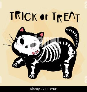 cute cat skeleton skull Halloween trick or treat, funny cat kitty clip art with silhouette for greeting card, sublimation, sticker Stock Vector
