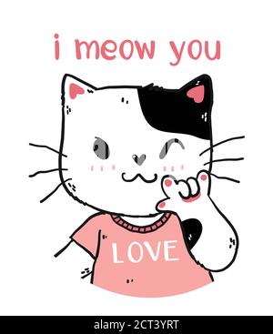 cute happy white and pink cat i meow you with love you hand gesture signage portrait half body doodle cartoon flat vector for nuresery art, greeting c Stock Vector