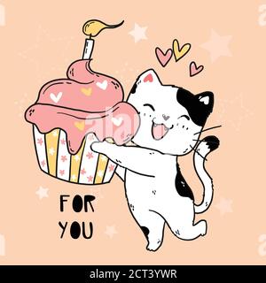 cute doodle happy smile white cat hold pink muffin with birthday candle, idea for sublimation, greeting card, cut file, printing, printable, t shirt, Stock Vector