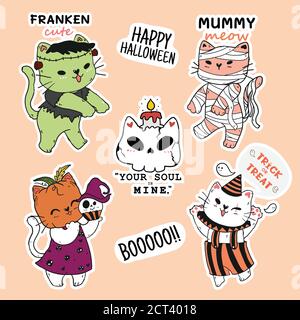 cute cat Halloween sticker collection, Frankenstein, pumpkin head, mummy, doodle outline, idea for sticker, sublimation, journal, planner, printable Stock Vector