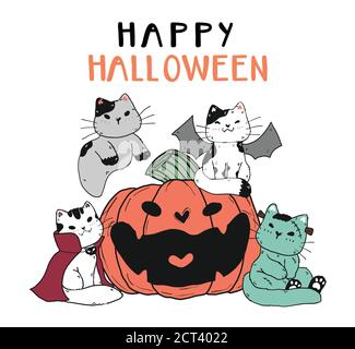 cute funny cat friend gang group in Halloween costume with smile craved pumpkin flat vector doodle cartoon clip art element for sticker, planner, gree Stock Vector