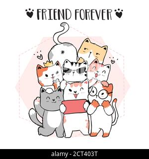 cute doodle cat friend gang take selfie, friend forever, graphic vector hand drawn, idea for cut file and silhouette, sublimation, greeting card, wall Stock Vector