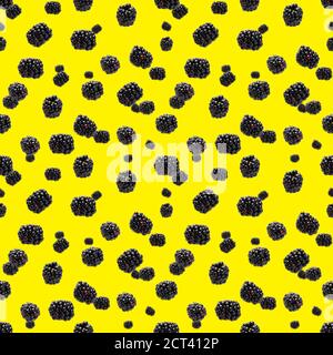 Falling Bramble Seamless pattern. Fresh Falling blackberry seamless pattern. Pattern with fresh wild berries isolated on yellow background. Stock Photo