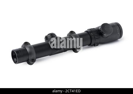 Black optical scope for weapon isolated on white Stock Photo