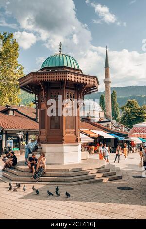 Bascarsija square with Sebilj wooden fountain in Old Town Sarajevo in Bosnia and Herzegovina Stock Photo