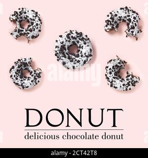 creative composition of donuts on a pink background. Flat lay delicious nibbled chocolate donuts and simple text. Stock Photo