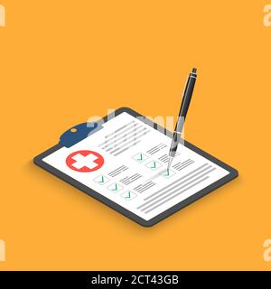 Clipboard with medical cross and pen isometric. Clinical record, prescription, claim, medical check marks report, health insurance concepts. Stock Vector