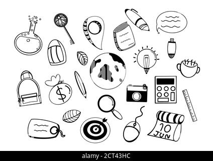 Travel Doodle Icons. Hand Made Illustration. Sketch Line Art. Tourist Objects Vacation. Summer Adventure. Stock Vector