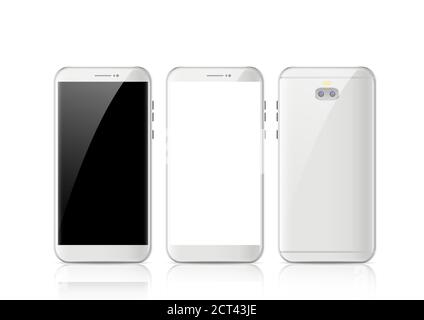 Modern white touchscreen cellphone tablet smartphone isolated on light background. Phone front and back side isolated. Vector illustration. Stock Vector