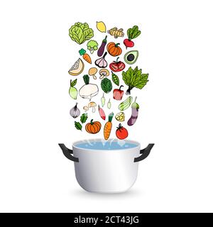 Cooking concept. On the stove, boil the soup. cooking food vector illustration isolate on a white background. Stock Vector