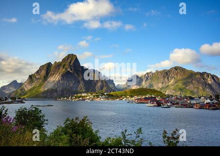 View point of the village Reine in the daytime during the hot season Is a popular place in the Norwegian Lofoten Islands Stock Photo