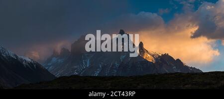 Sunrise Paine Massif (Cordillera Paine), the iconic mountains in Torres del Paine National Park, Patagonia, Chile, South America Stock Photo