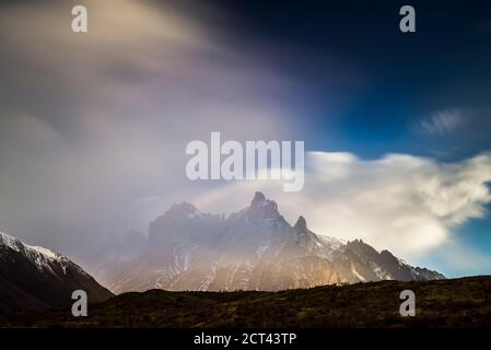 Sunrise Paine Massif (Cordillera Paine), the iconic mountains in Torres del Paine National Park, Patagonia, Chile, South America Stock Photo