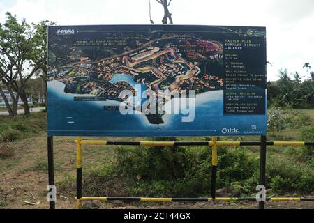 Banners with a plan of the area and the racing circuit. Construction of a complex on the Motogp Mandalika circuit, West Nusa Tenggara, Lombok Stock Photo