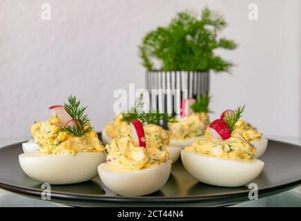 a selection of freshly made stuffed boiled eggs set out on a plate garnished with organic dill Stock Photo