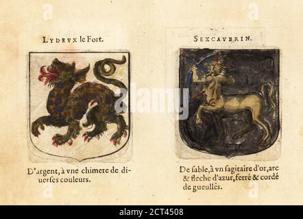 Imaginary coats of arms of Seventh and Eighth Chapters of King Arthur’s Knights of the Round Table: Lydeux the Strong, with chimera on silver field, and Sacanarbin, with gold satyr or centaur holding a bow and arrow on black field. Chevaliers de la table ronde: Lydeux le Fort, Sexcaubrin. Handcoloured woodblock engraving from Hierosme de Bara’s Le Blason des Armoiries, Chez Rolet Boutonne, Paris, 1628 Stock Photo