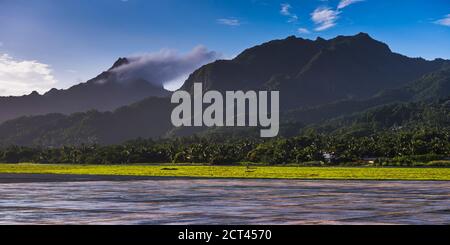 Airport and runway on the tropical island of Rarotonga at sunrise, Cook Islands Stock Photo