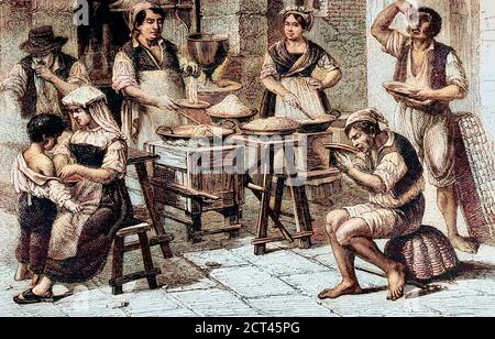 Machine colorized with Artificial Intelligence (AI) Macaroni Shop at Naples 1872 engraving on wood From The human race by Figuier, Louis, (1819-1894) Publication in 1872 Publisher: New York, Appleton Stock Photo