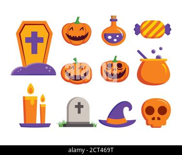Halloween element symbol set flat deign. Symbols for website, print, magazine, sticker and badge. Stock Vector