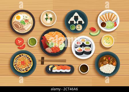 japanese food on top view wooden background. Stock Vector