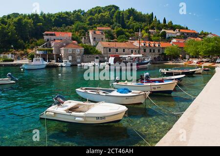 Photo of boats in the port, Sipan Island (Sipano), Elaphiti Islands, Dalmatian Coast, Croatia Stock Photo