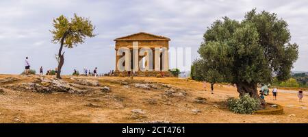 Agrigento, Panoramic photo of tourists at Valley of the Temples (Valle dei Templi), Temple of Concordia and the old olive tree, Sicily, Italy, Europe Stock Photo