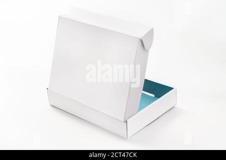 Open blue white carton box isolated on white background. Mock up template Stock Photo