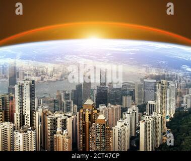 Modern urban skyline. Planet Earth sunrise. Worldwide internet concept. Global  business and finance Stock Photo