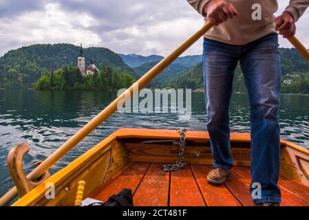 Pletna boat ride, Lake Bled, Gorenjska, Slovenia, Europe Stock Photo
