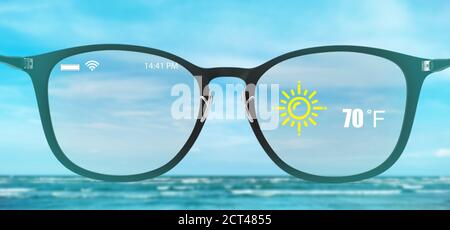new normal in futuristic technology concept in smart glasses use augmented mixed virtual reality technology with artificial intelligence, machine lear Stock Photo